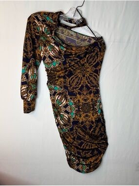 Symphony One-Shoulder Bodycon Dress in Black, Gold and Teal S